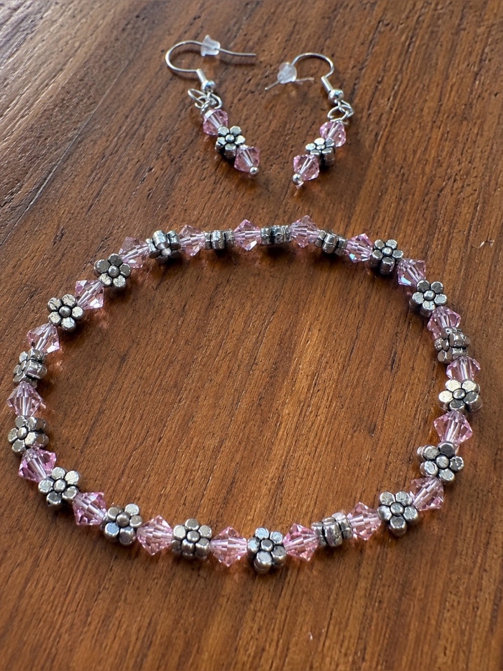 Handcrafted Pink Swarovski Crystal and Silver Flower Bracelet and Earring Set